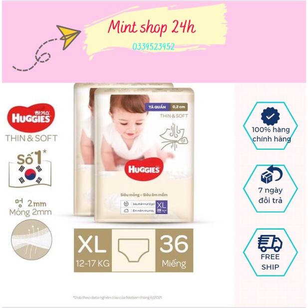 Tã quần Huggies skincare mới L38/M42/xl32 +6 miếng/ Thin & Soft mỏng tàng hình size XL36/L72/XL62/XXL28