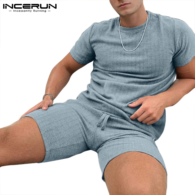 Bộ Quần Short + Áo INCERUN Tay Ngắn Kẻ Sọc Có Dây Rút Thời Trang Mùa Hè Cho Nam