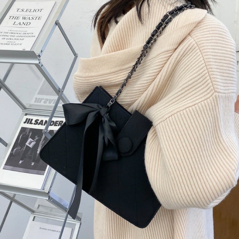 Túi Xách Nữ, Túi Công Sở Thắt Nơ Họa Tiết Ô Trám Sang Trọng, Dây Xích Phối Da Cao Cấp