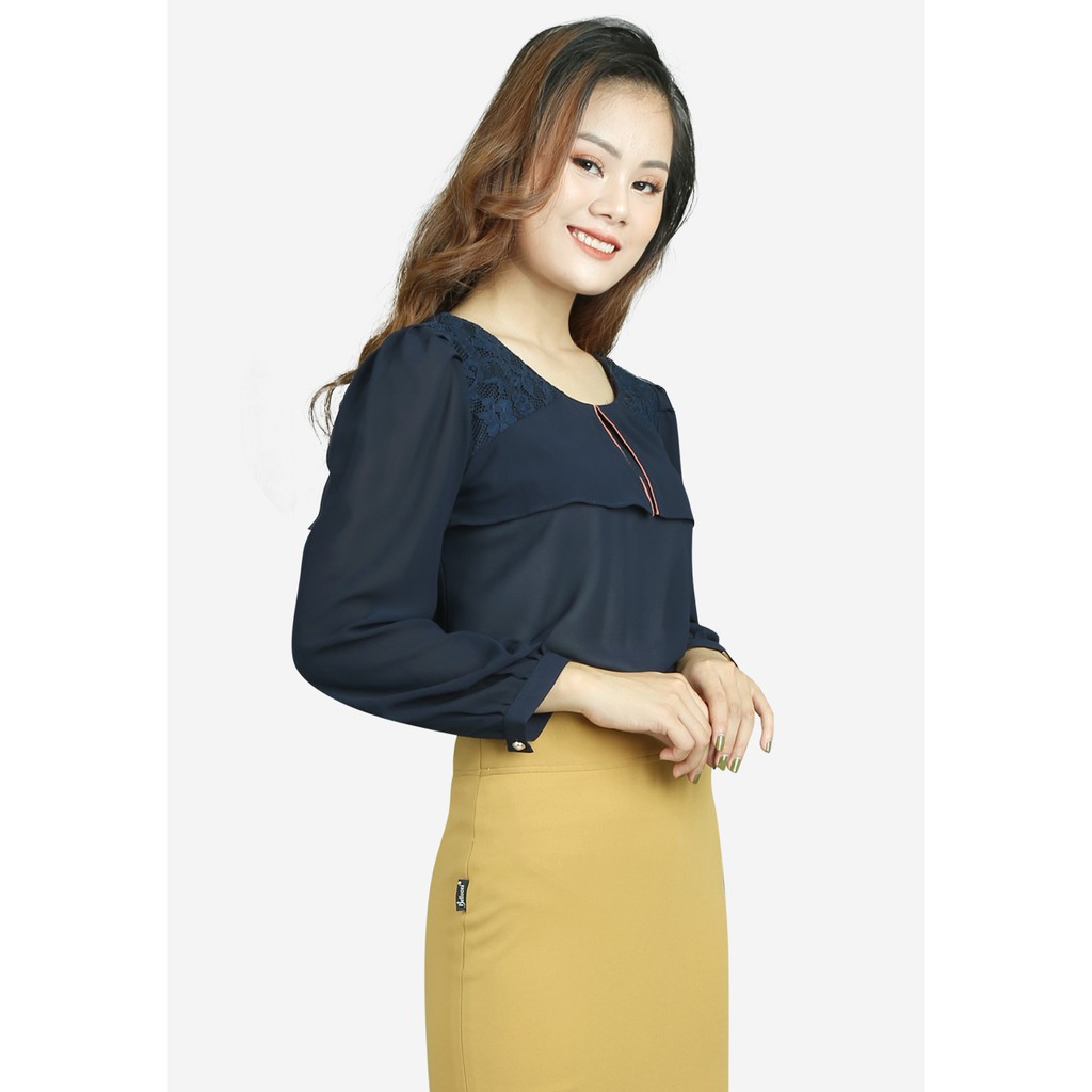 Áo sơ mi chiffon tím than tay dài yếm xẻ ren vai The One Fashion ADD054TT