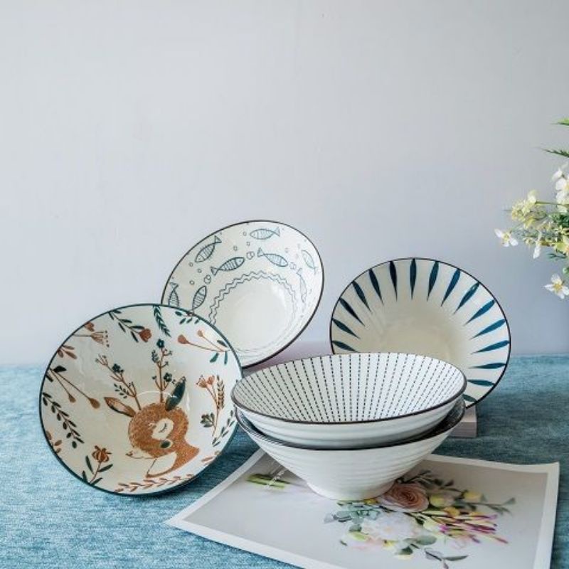 (Sẵn) Set bát tô 4 món, bộ bát tô canh, tô phở đựng bún phở vân Nhật mix hoa văn  size 20cm