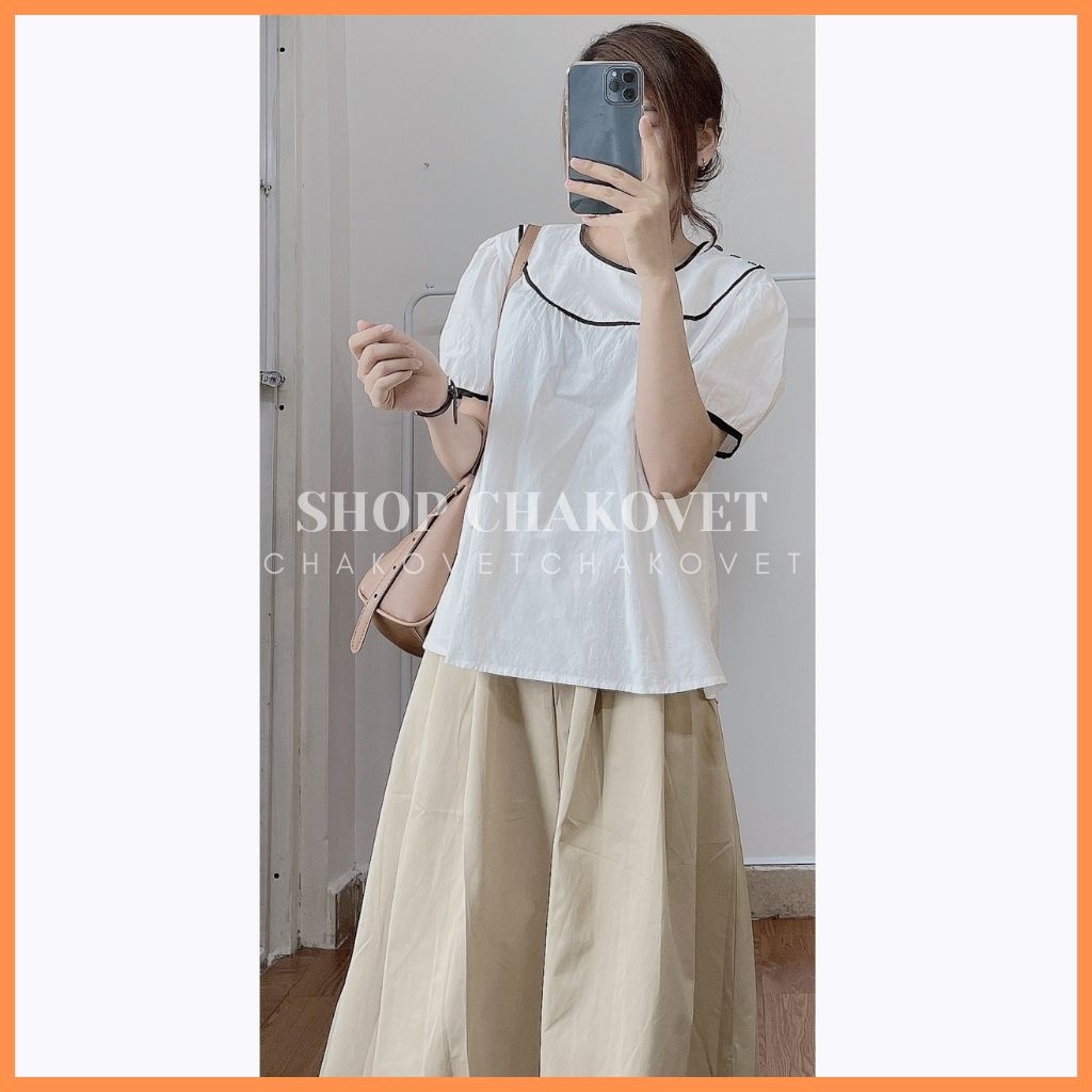 Áo babydoll cổ tròn viền đen ba cúc bấm đen vai lạ mắt cka823, kiểu áo nữ cộc tay