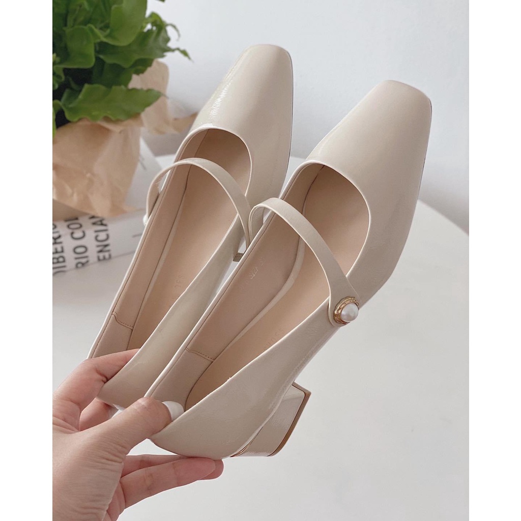 GIÀY CAO GÓT NỮ SHU STORE - GIÀY BÚP BÊ DA BÓNG QUAI NGANG GÓT VUÔNG