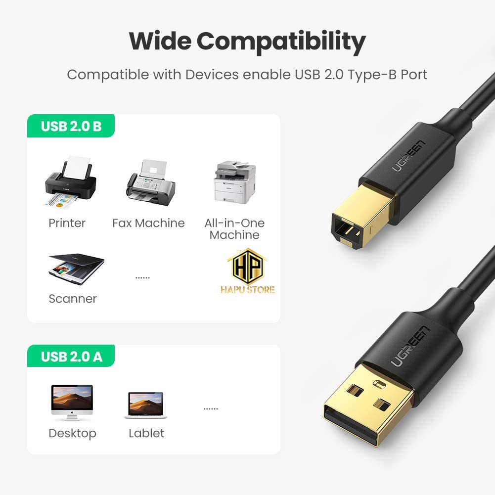 Cáp Máy In Ugreen 20847 dài 2M chuẩn USB 2.0 cao cấp - Hapustore