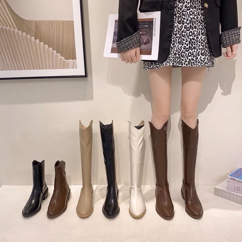 Boots cao bồi mũi nhọn cổ V ngắn và cao dưới đầu gối gót 5cm