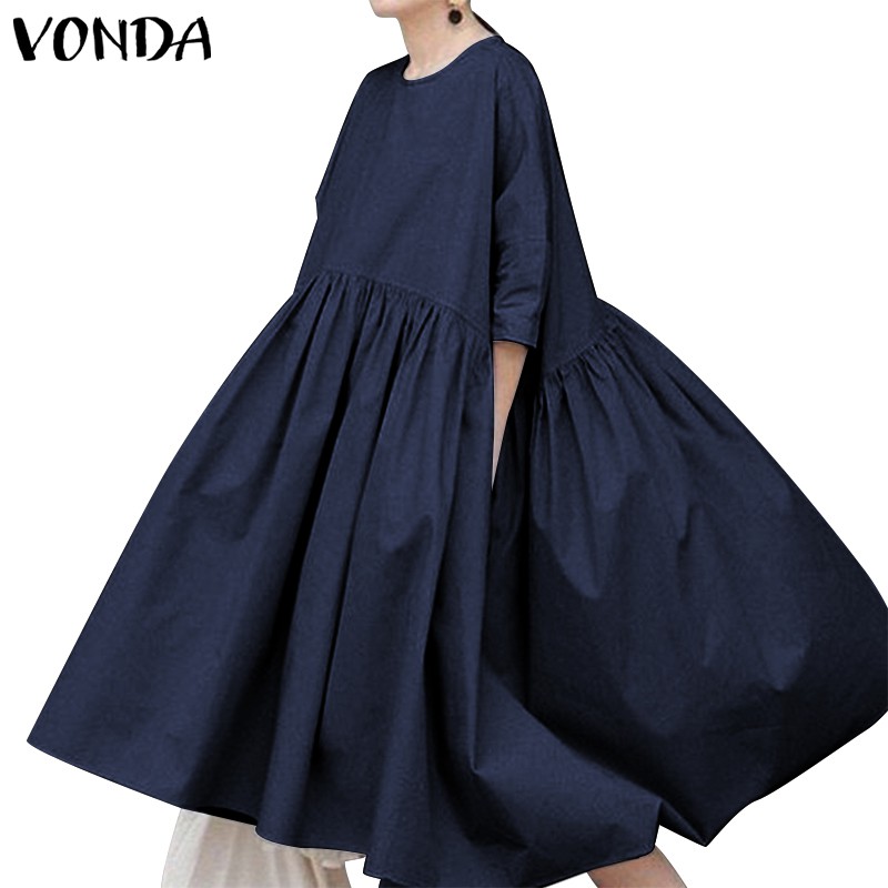 Đầm VONDA Tay Lỡ Dáng Rộng Màu Trơn Thanh Lịch Thời Trang Cho Nữ