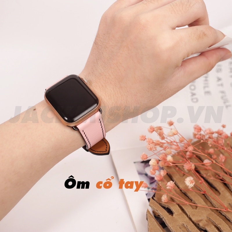 [BẢO HÀNH 1 NĂM] Dây da BÊ SWIFT may tay thủ công màu Hồng chỉ Đen khoá bướm cho Apple Watch series 1/2/3/4/5/6/7