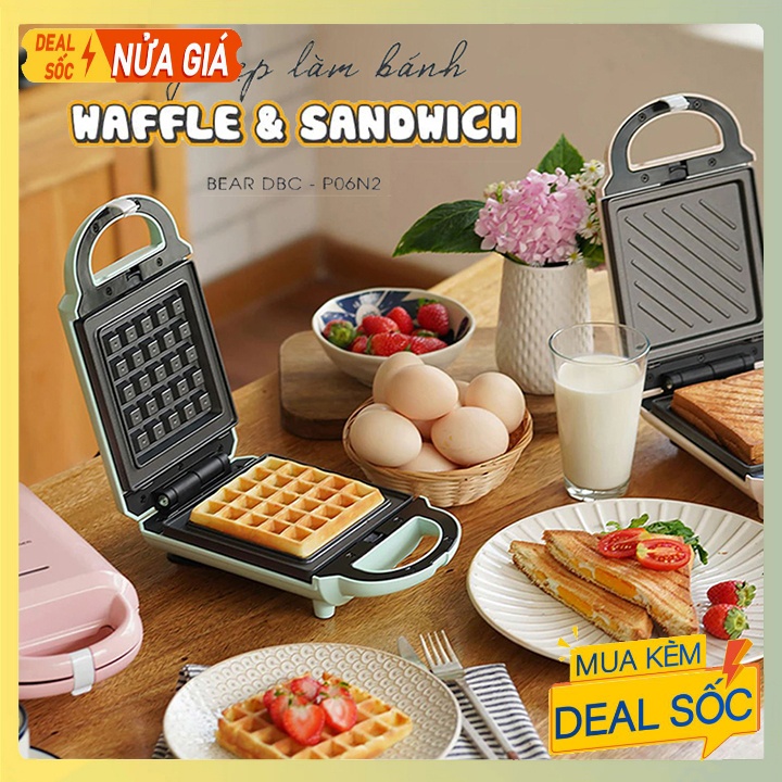 Máy kẹp nướng bánh mỳ sandwich - Bánh Waffle 2 IN 1 chính hãng Bear DBC-P06N2