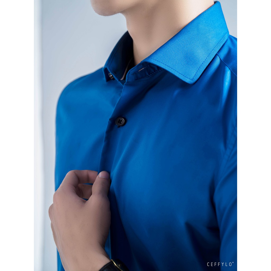 Sơ mi nam cộc tay trơn Xanh Dương cao cấp CEFFYLO chất Cotton Lụa mềm co giãn nhẹ