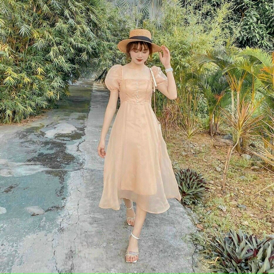 Đầm váy dự tiệc đính cườm dáng xòe voan tơ bóng kèm lót