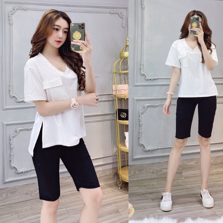 Bộ Đồ Nữ Thun Cotton Cao Cấp Quần Lửng Áo Cổ Tim Ngắn Tay Xẻ Tà Cá Tính Mẫu Mới 2020- Hàng Có Sẵn