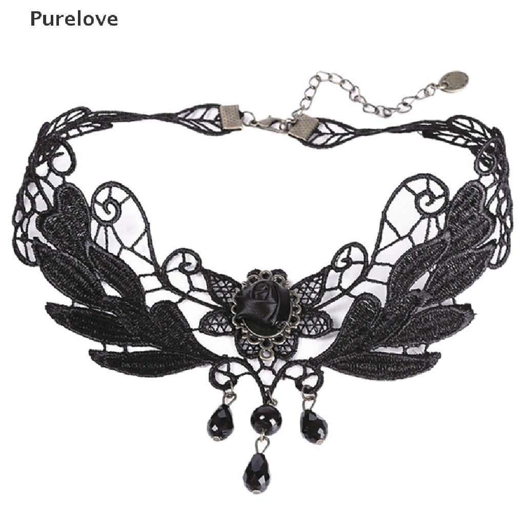 (Purelove) Choker Ren Đính Hạt Màu Đen Hoa Hồng Phong Cách lolita Mới