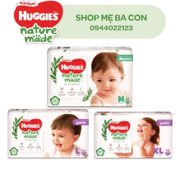 Bỉm Tã dán/ Tã quần siêu cao cấp Huggies Platinum Nature Made NB60, S82, M64/M58, L54/L44, XL44/XL38, XXL26 mới