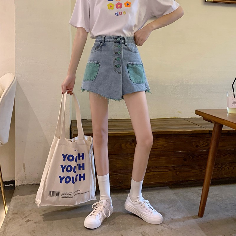 Xiaozhainv Quần short denim lưng cao phong cách Hàn Quốc | BigBuy360 - bigbuy360.vn