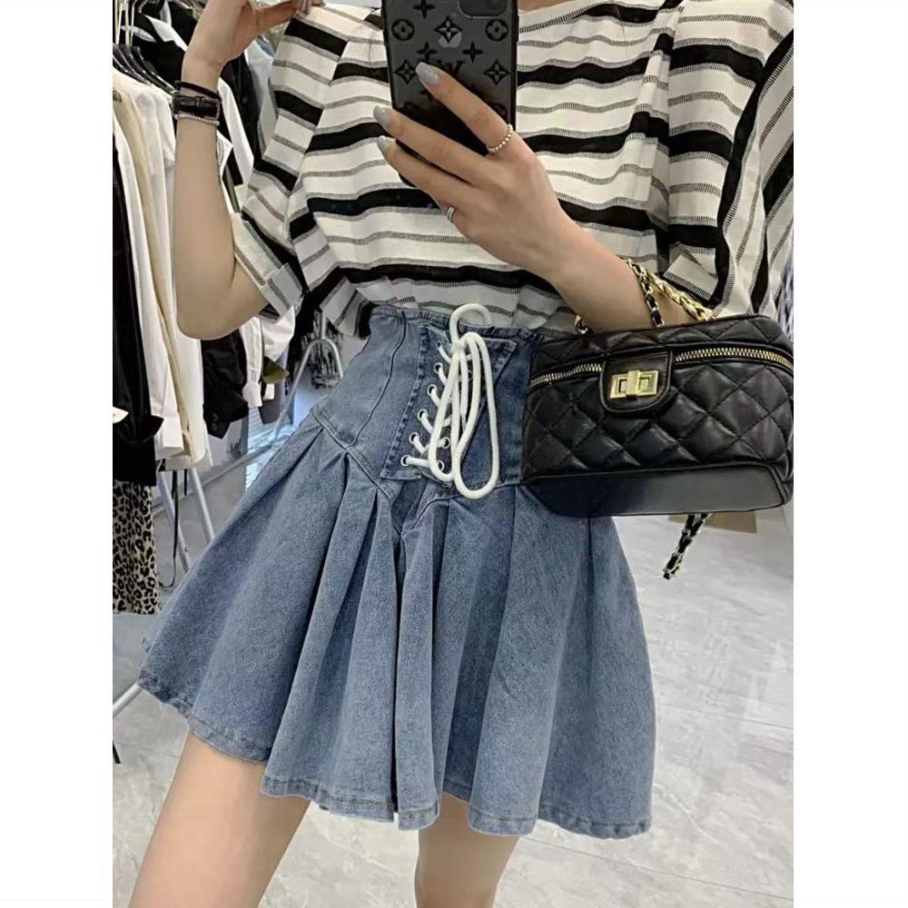 Jiashucheng Chân Váy Denim Xếp Ly Lưng Cao Thời Trang Mùa Hè Mới Cho Nữ