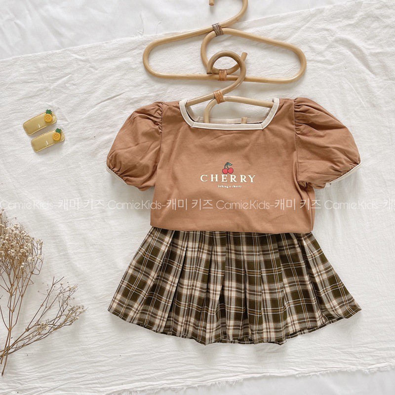 Bộ váy trẻ em cherry nâu 100% cotton, bộ đồ cộc tay bé gái - CAMiE Kids