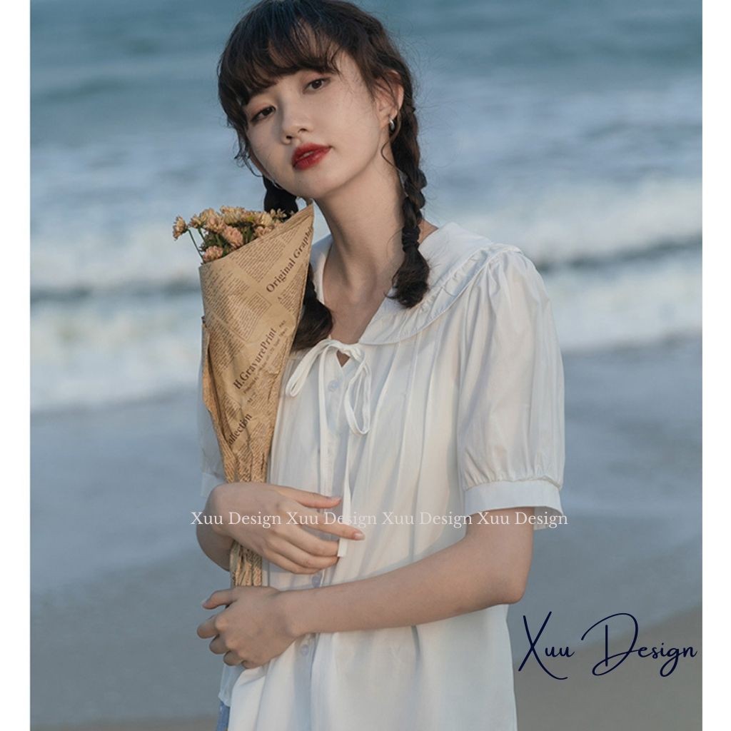Áo Kiểu Nữ Trắng Xuu Design, Áo sơ mi kiểu tay bồng cổ bèo thắt nơ điệu đà chất vải Lụa nhẹ nhàng - SP41
