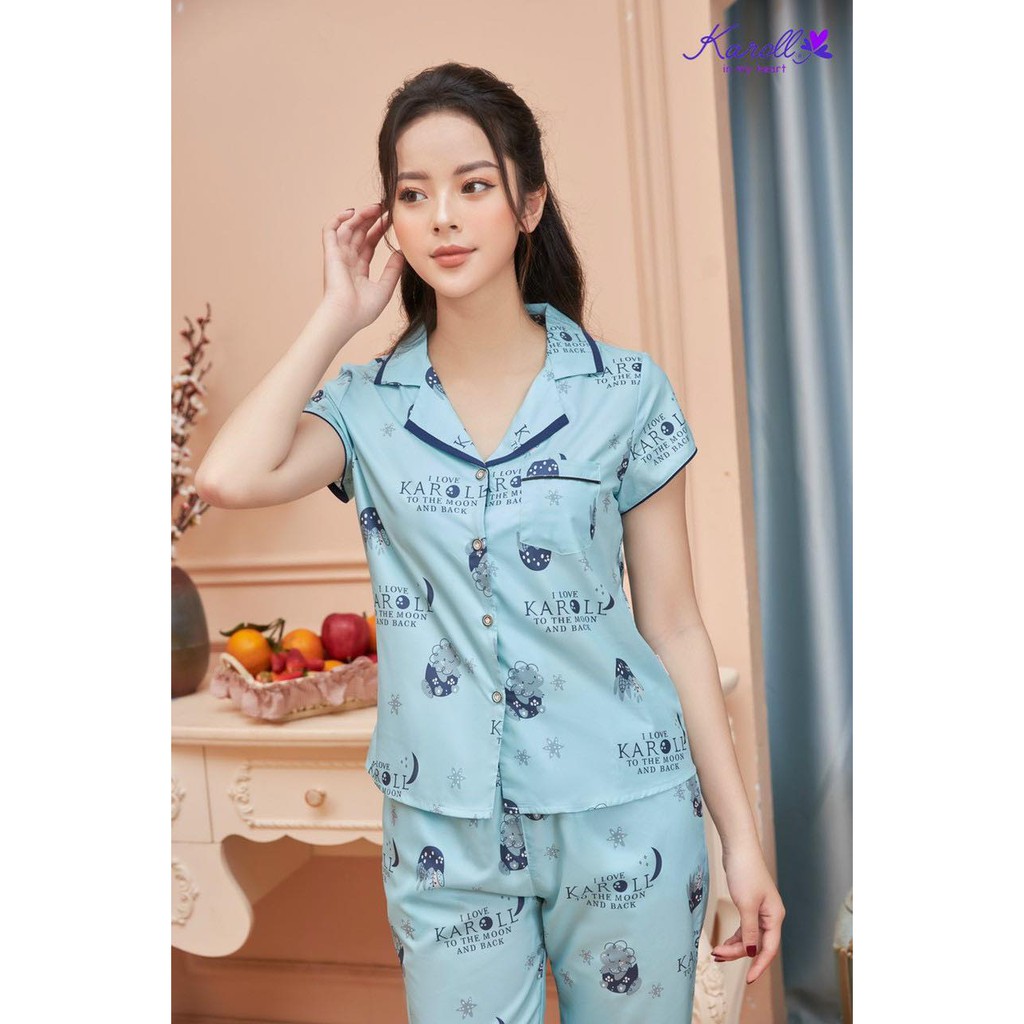 SET PIJAMA mặc nhà KAROLL. Bộ đồ mặc nhà lụa cao cấp, phom áo cộc quần ngố họa tiết dễ thương trẻ trung