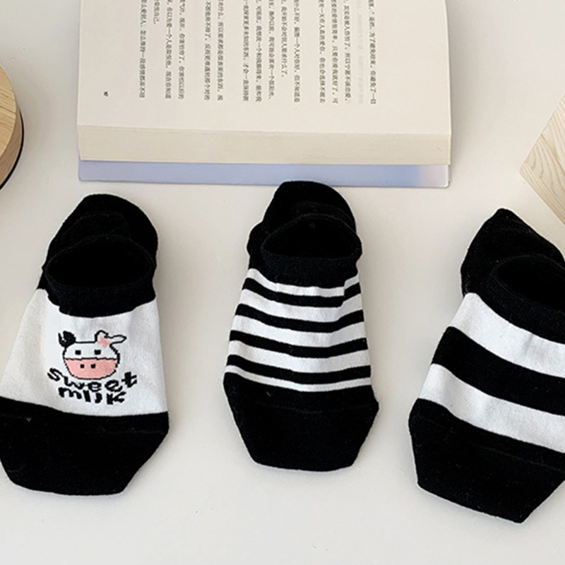 Xiangbao Vớ Thuyền Cổ Thấp Họa Tiết Bò Sữa Hoạt Hình Harajuku Mùa Hè Màu Đen Cho Nữ