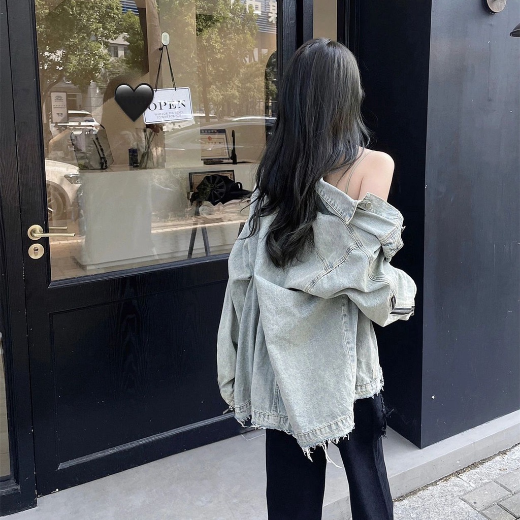 Áo khoác vải denim dáng rộng phong cách Hàn Quốc mùa thu dành cho nữ