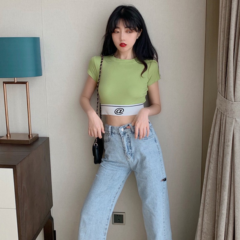 Áo thun crop top cổ tròn tay ngắn in họa tiết chữ dành cho nữ