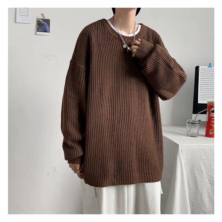 Áo Sweater Cotton Dệt Kim Cổ Tròn Dáng Rộng Màu Sắc Đơn Giản Trẻ Trung Cho Nam Giới