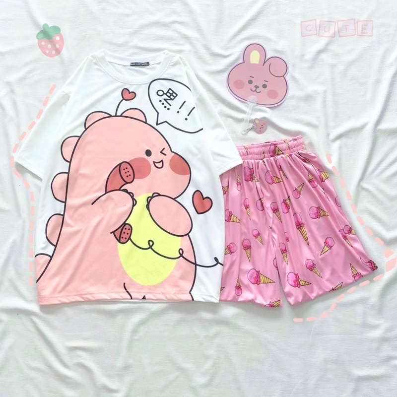 Set đồ bộ cartoon xinh xắn, quần short lửng cho nam nữ