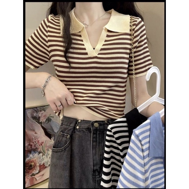 Áo len cộc tay cổ polo xẻ V phong cách trẻ trung ,freesize