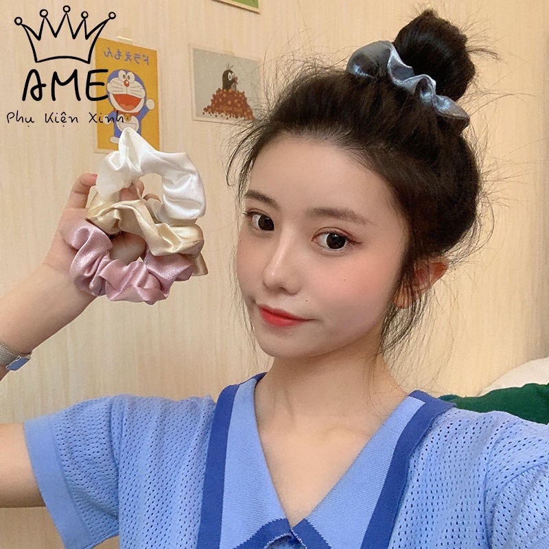 Dây buộc tóc scrunchies vải phi bóng, dây cột tóc scrunchies phong cách Hàn Quốc