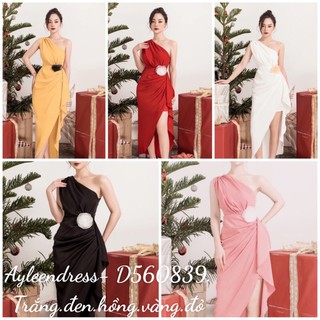 Đầm dạ hội kiểu lệch vai xẻ đùi phối hoa eo