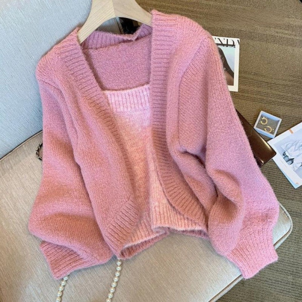 Áo Sweater Dệt Kim Giả Hai Lớp Dáng Ngắn Màu Hồng Thời Trang Thu Đông Hàng Mới