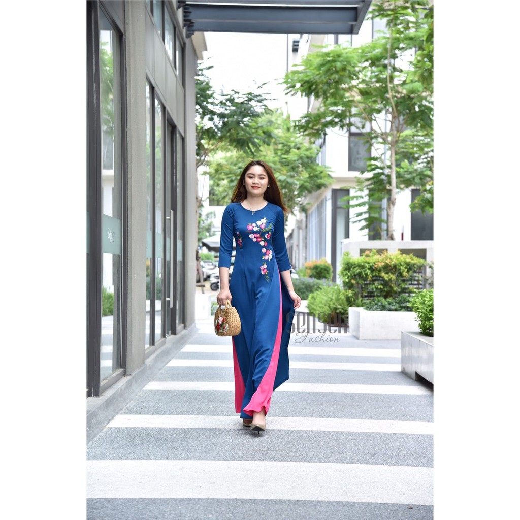 áo dài lụa mango xanh coban