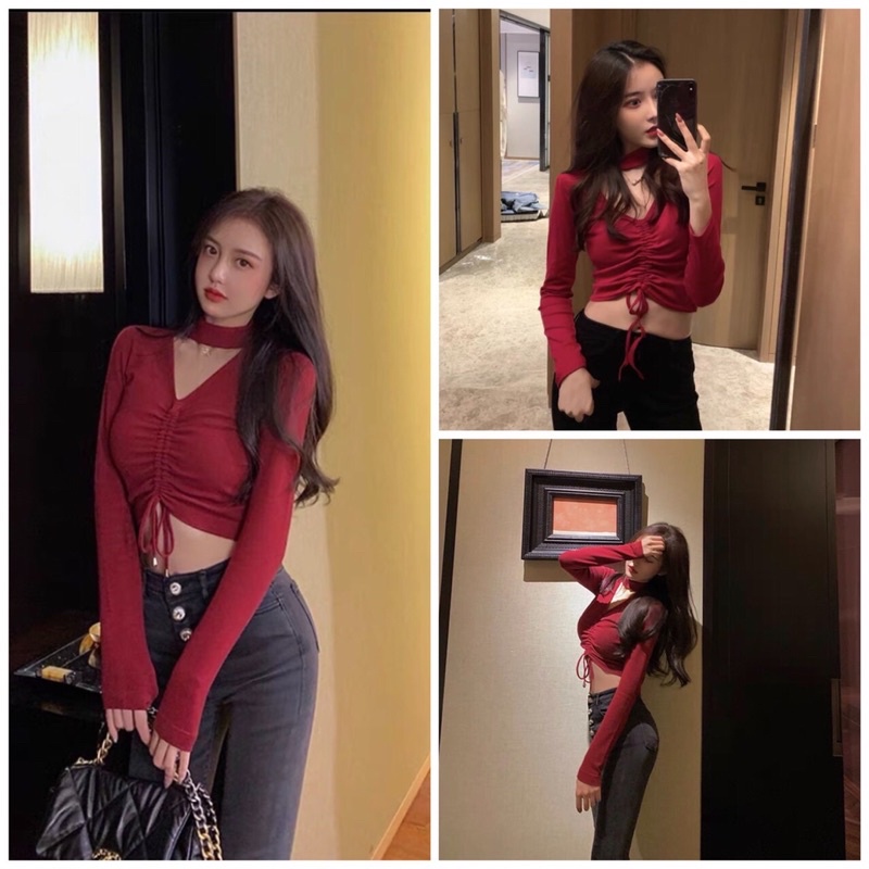 Áo kiểu thun croptop tay dài tim chít cổ lọ màu quyến rũ
