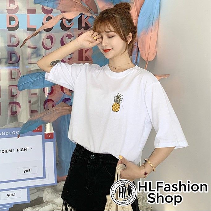 Áo thun tay lỡ form rộng thêu hình quả dứa rất xinh, áo phông form rộng size HLFashion