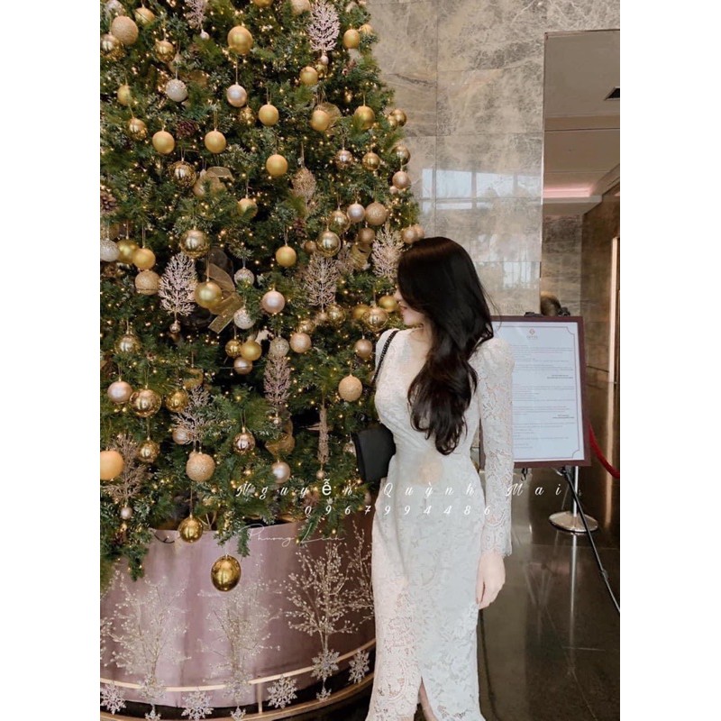 Đầm ren tay dài, dây nơ cột eo