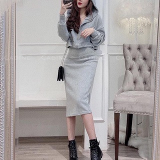 Set Váy Áo Crotop Ulzzang Thu Đông Nữ Chất Nỉ Dáng Dài Phong Cách hàn Quốc 💕 Bộ Nỉ Thể Thao Nữ - Cadine Fashion