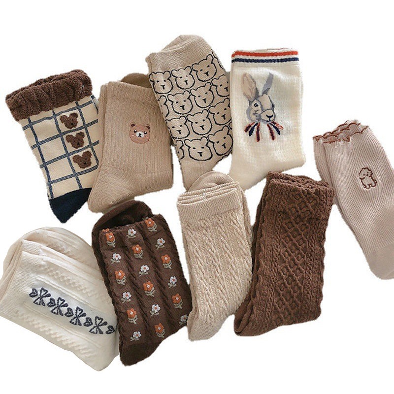 1 Đôi Vớ Cotton Dệt Kim Màu Trơn Thiết Kế Dễ Thương Cho Nữ