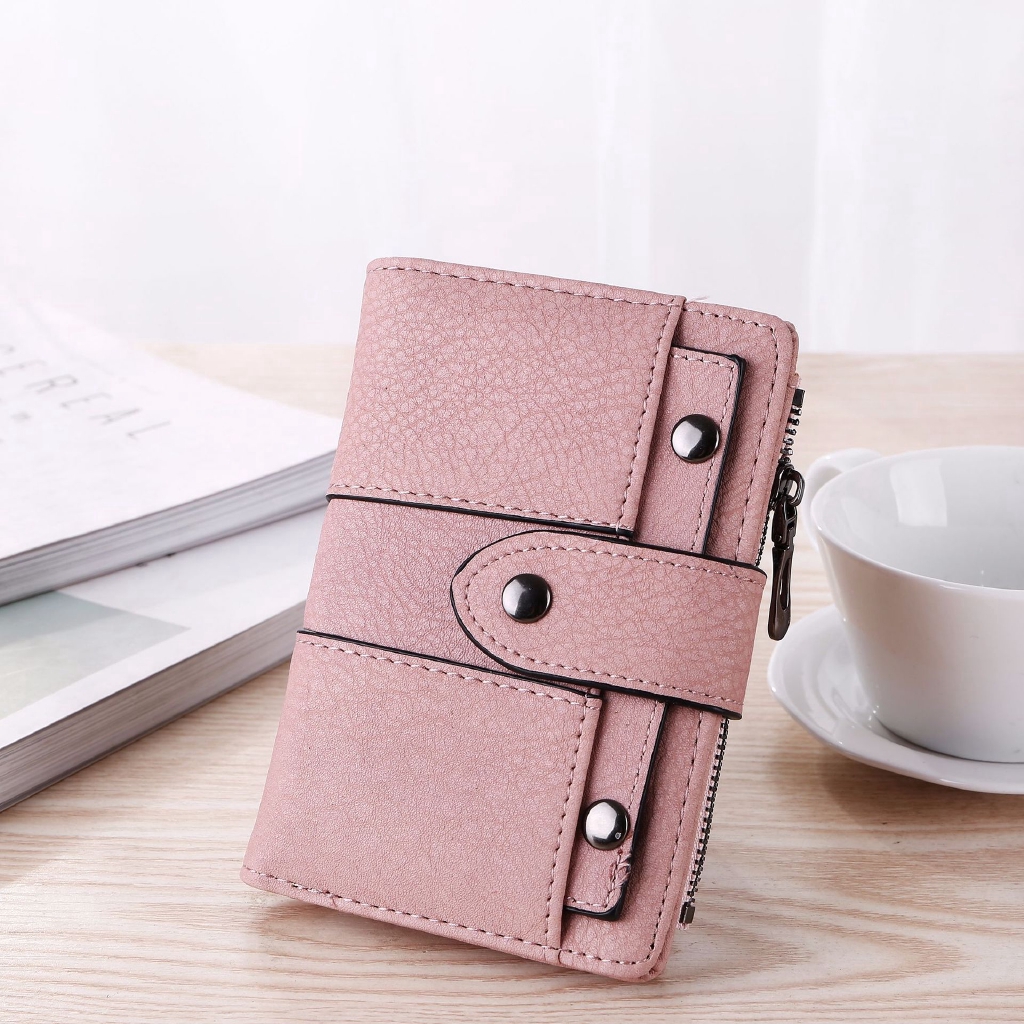 Short Retro Frosted female student Triple Fold Wallet smaller have buckle and willow nails