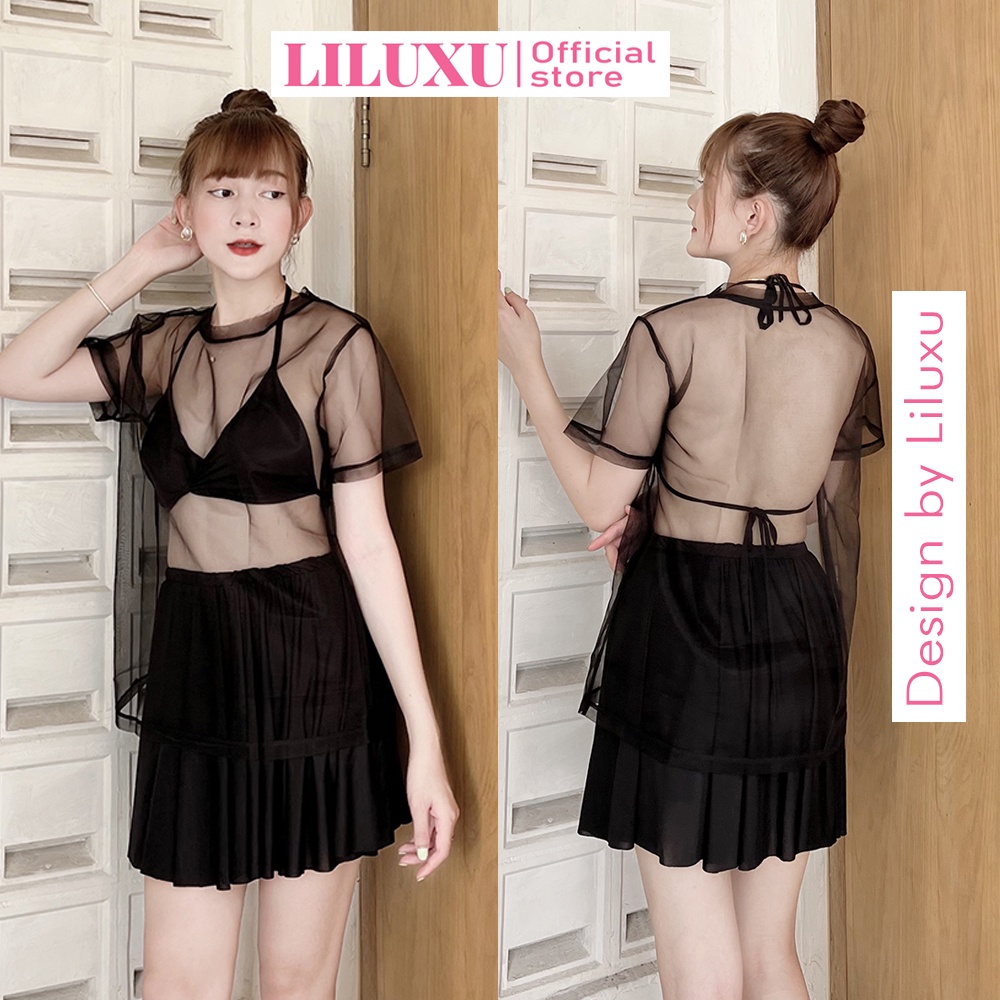 Set Bikini 3 Mảnh Váy Xòe Quần Trong Kèm Áo Lưới Kín Đáo Đồ Bơi 3 Món Đi Biển có Bigsize Đen - Liluxu Store