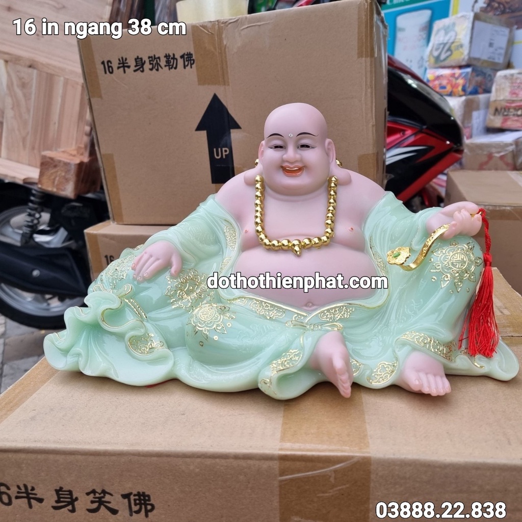 Tượng Phật Di Lặc đá 12in ngang 27cm màu xanh ngọc nhiều kích thước