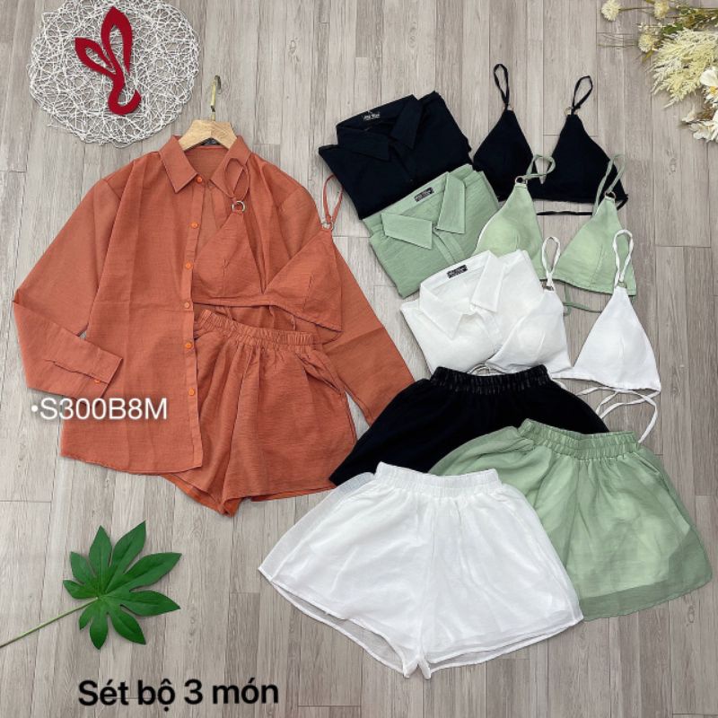Set 3 món đi biển Bebedoll, Set bộ quần đùi sơ mi đũi form rộng khoác ngoài áo lụa kiểu cột nơ màu Xanh Rêu
