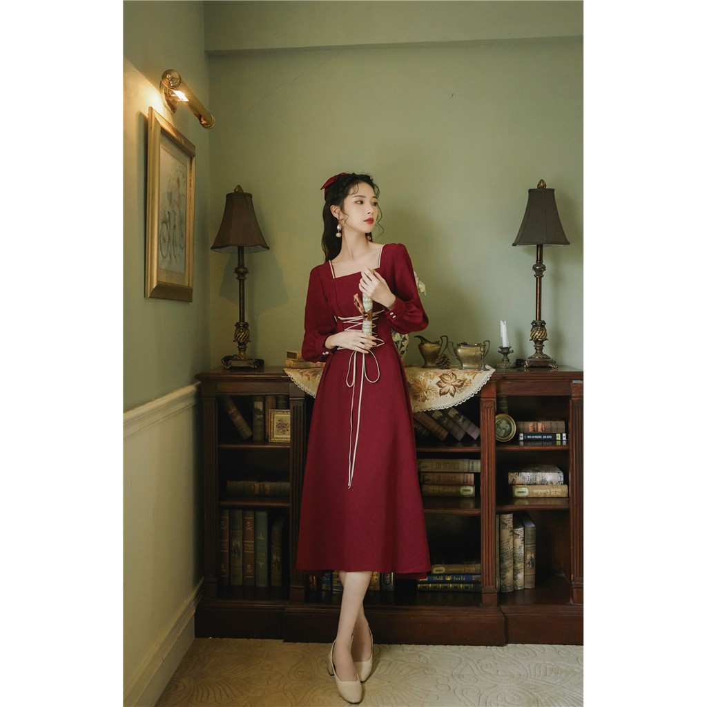 Váy đầm thiết kế vintage classic cổ điển retro màu đỏ tiểu thư dáng xòe dài quá gối đan dây cổ vuông bigsize công sở