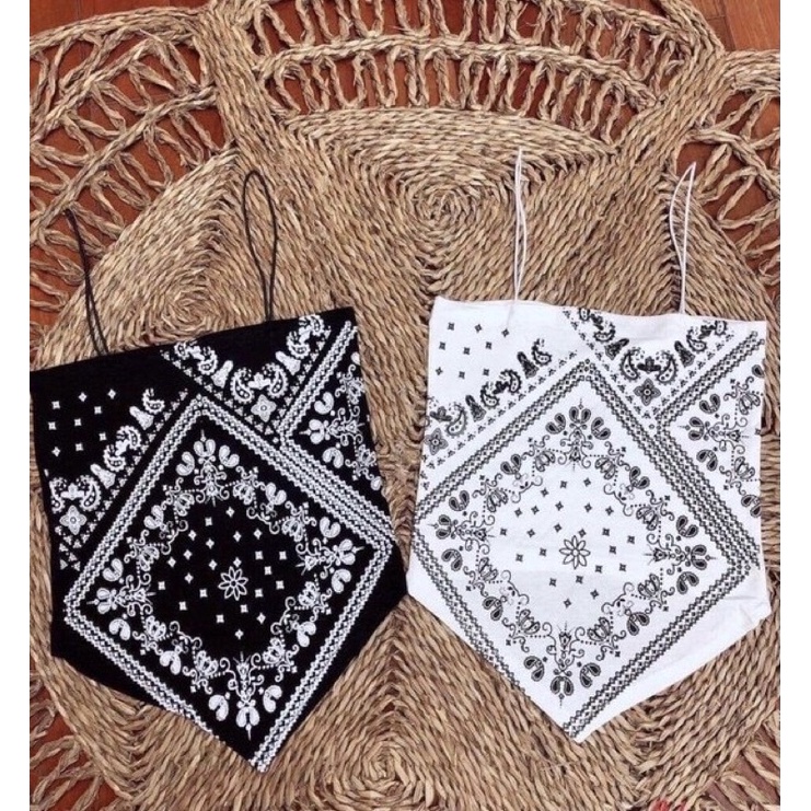 Áo 2 Dây Nữ Kiểu Yếm Croptop Thổ Cẩm Khăn Bandana Hai Màu Đen Trắng Chất Len Tăm - BR24 Black Rose