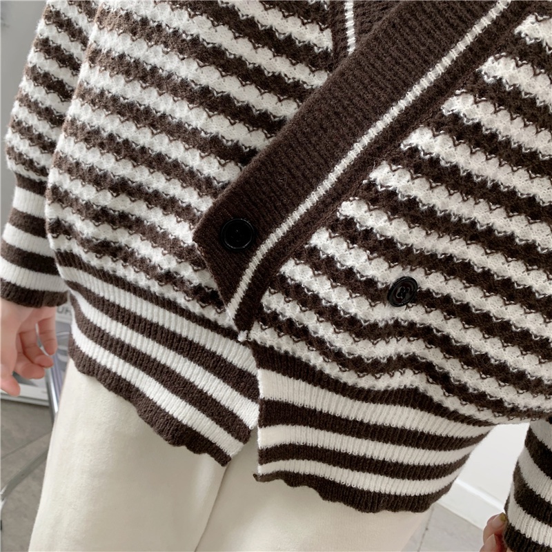 SUXI Áo Khoác Cardigan Dệt Kim Dáng Rộng Hoạ Tiết Kẻ Sọc Phong Cách Retro Hàn Quốc