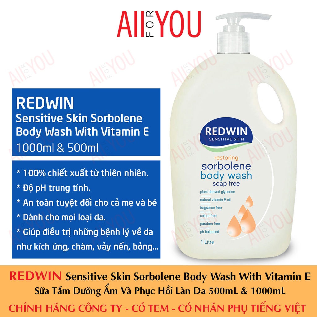 [TEM CTY] REDWIN Sensitive Skin Sorbolene Body Wash With Vitamin E 500mL &amp; 1 L - Sữa Tắm Dưỡng Ẩm Và Phục Hồi Làn Da.