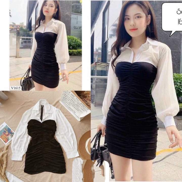 Váy đầm nữ body nhún cổ sơ mi tay dài phối trắng rất cá tính