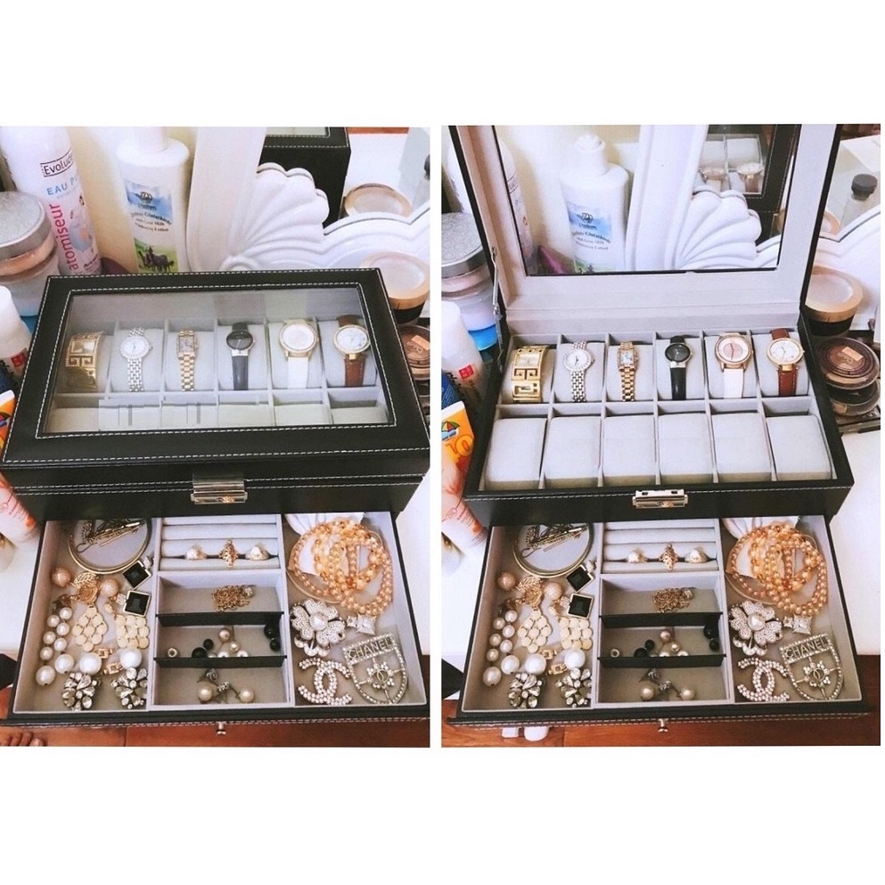 Hộp Đồng Hồ 12 Ngăn &amp; Trang Sức 2 Tầng Vỏ Da - Có Nắp Kính Chống Bụi - Cao Cấp Giá Rẻ