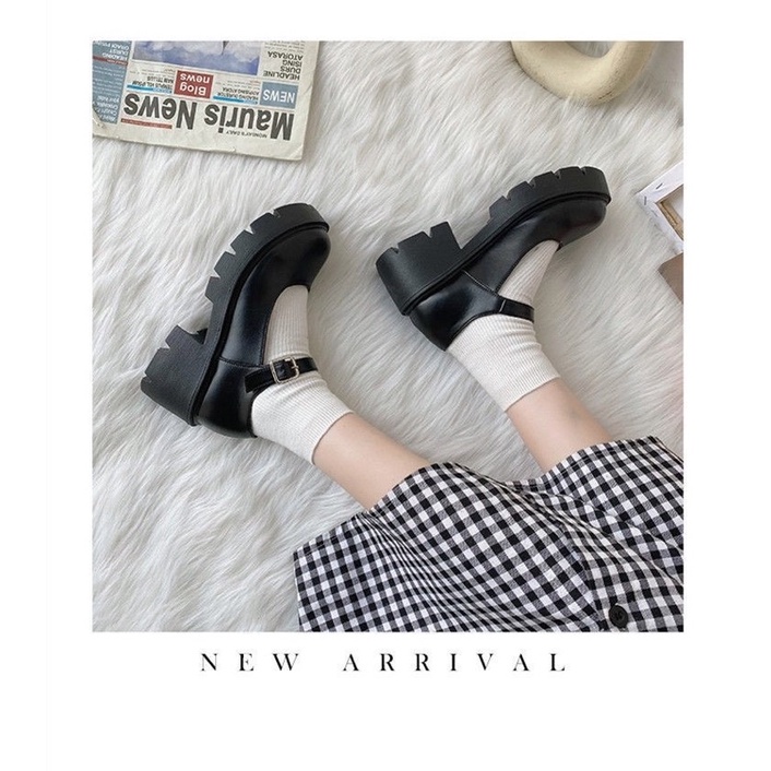 Giày Mary Jane Quai Cài, Giày Lolita Vintage Ulzzang Nữ Da Bóng Da Lì Phong Cách Hàn Quốc Cao 6cm