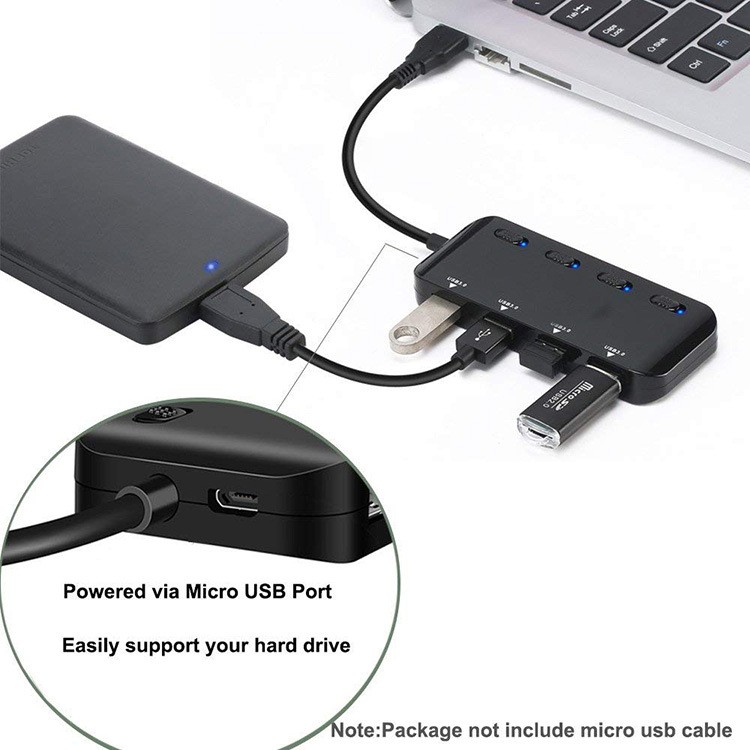 Hub chia cổng usb 3.0 Ultra Slim có công tắc (4 cổng) - Bộ chia cổng USB 1 ra 4, USB 3.0 có đèn báo