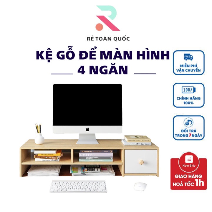 Kệ gỗ để màn hình vi tính , laptop 2 tầng kèm kệ sách màu vân gỗ